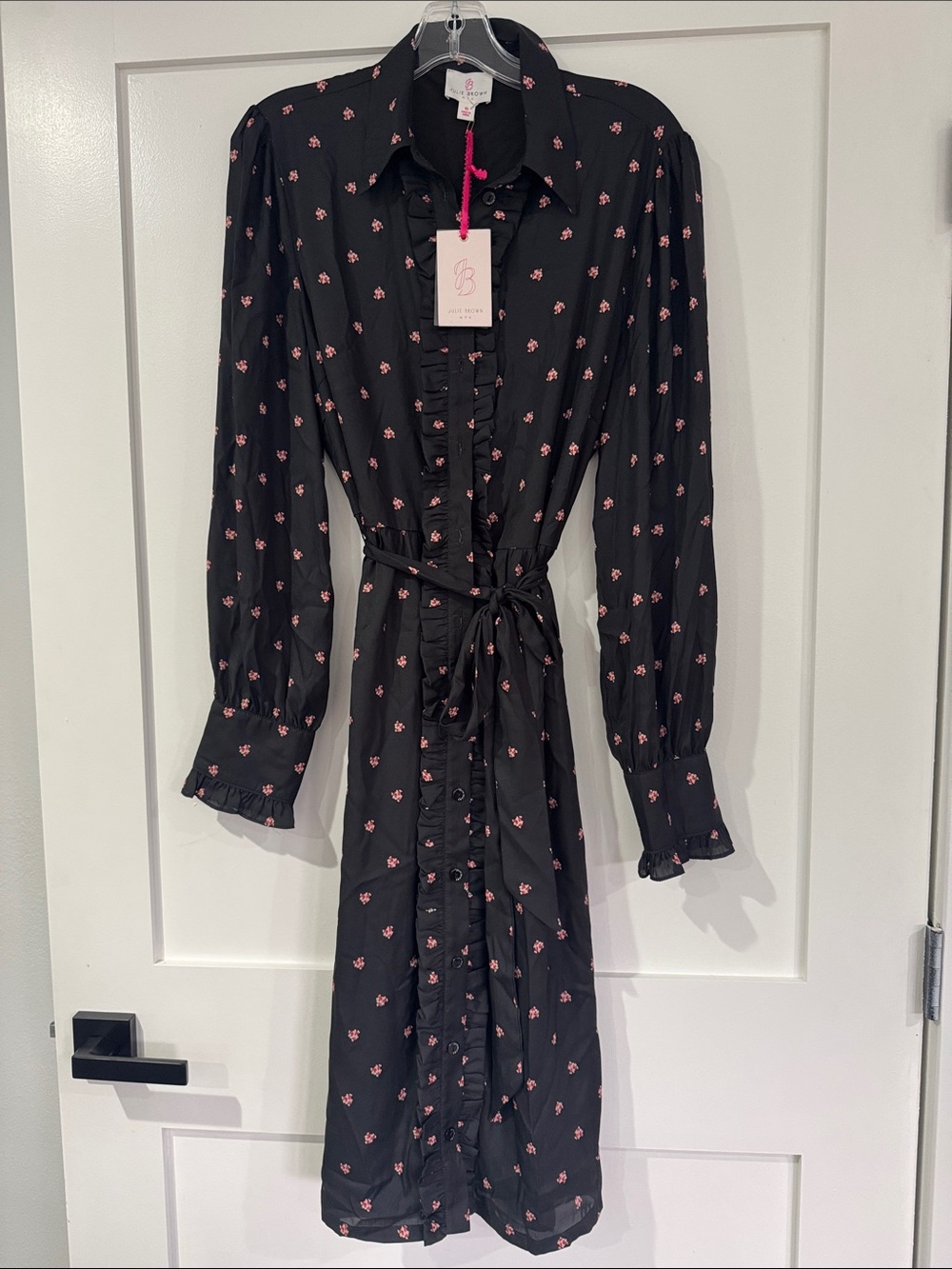 JB by Julie Brown Black Midi Shirt Dress with Pink Floral Print